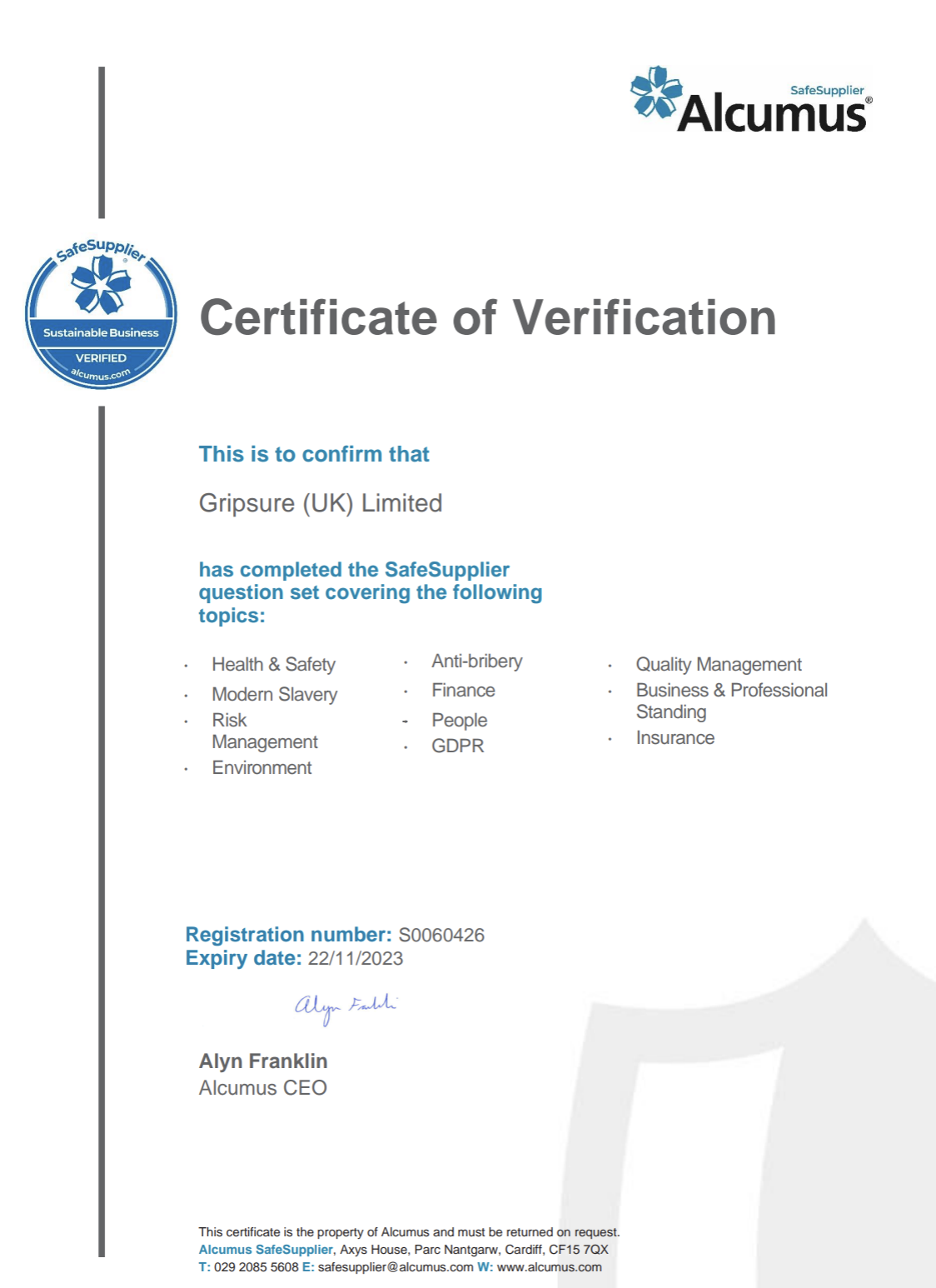 Alcumus® Safe Supplier Certification