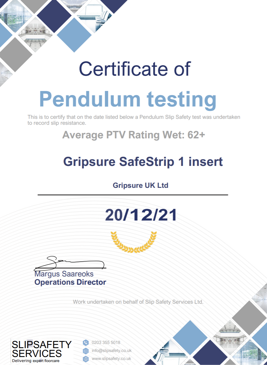 Gripsure SafeStrip Slip Test Certificate