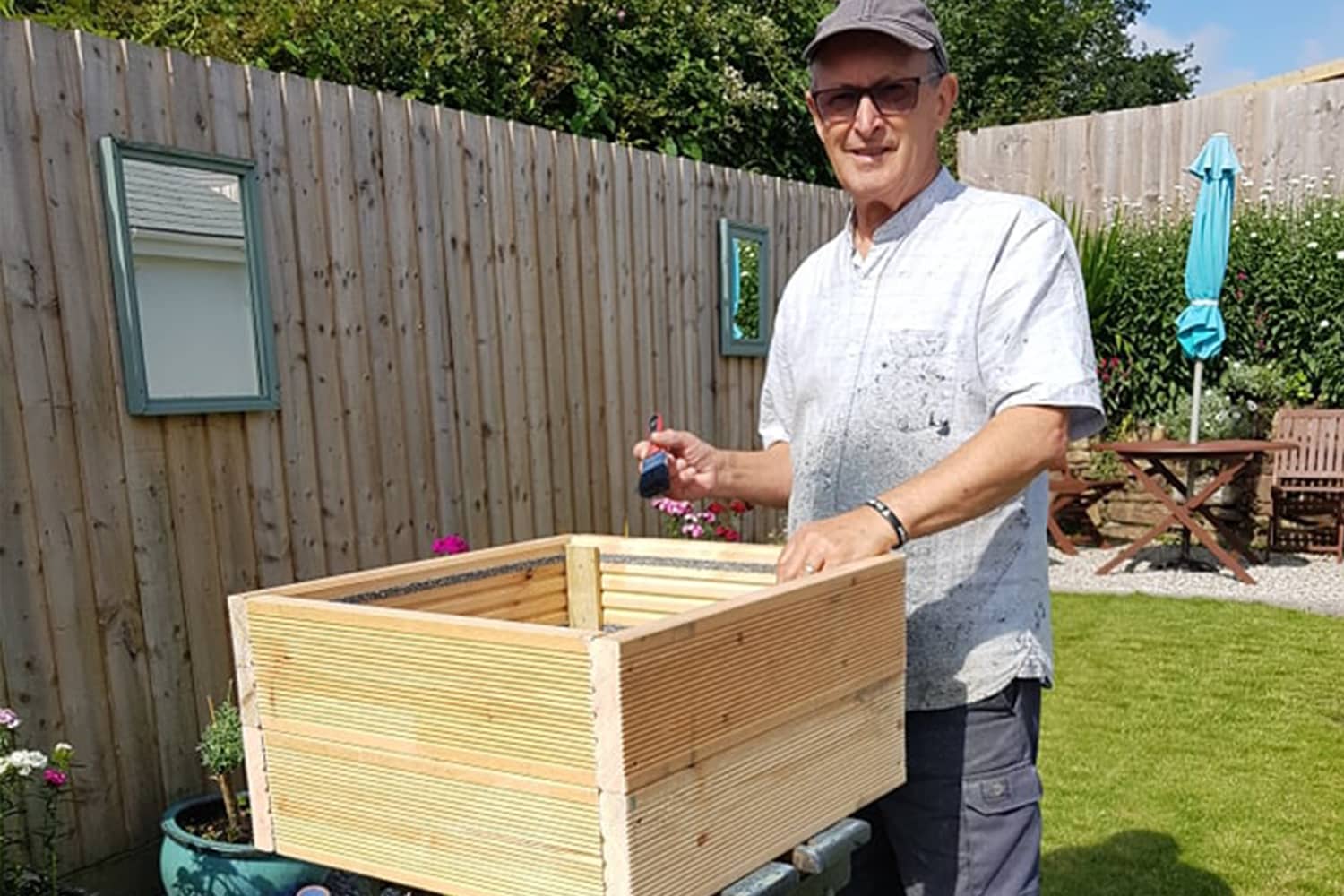 Gripsure non-slip timber deck boards upcycled into garden planters for charity