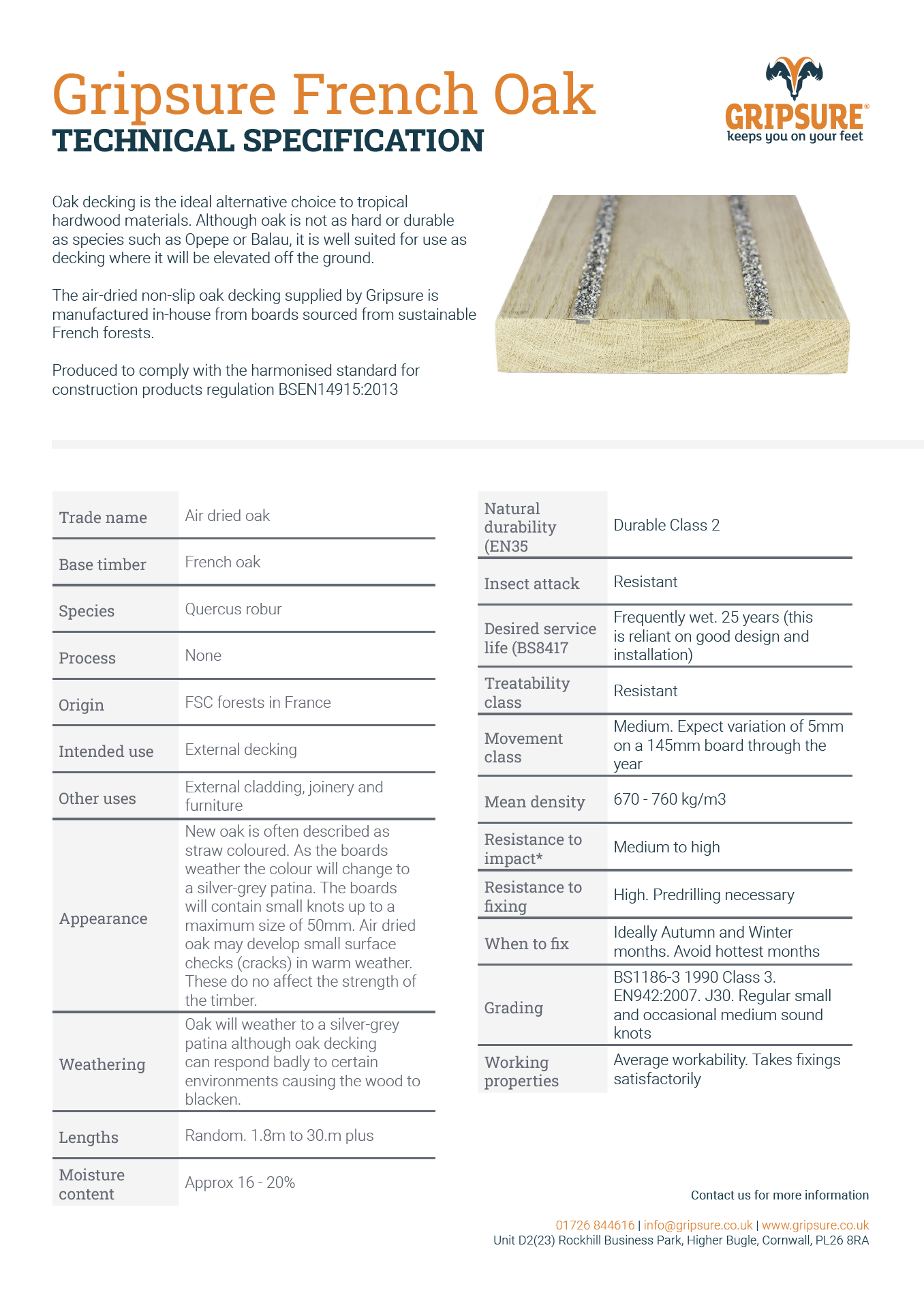 Gripsure French Oak Technical Specification